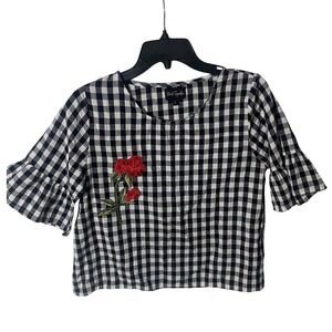 World Together Blouse Large Gingham Rose Embroidered Ruffle Bell Sleeve Black